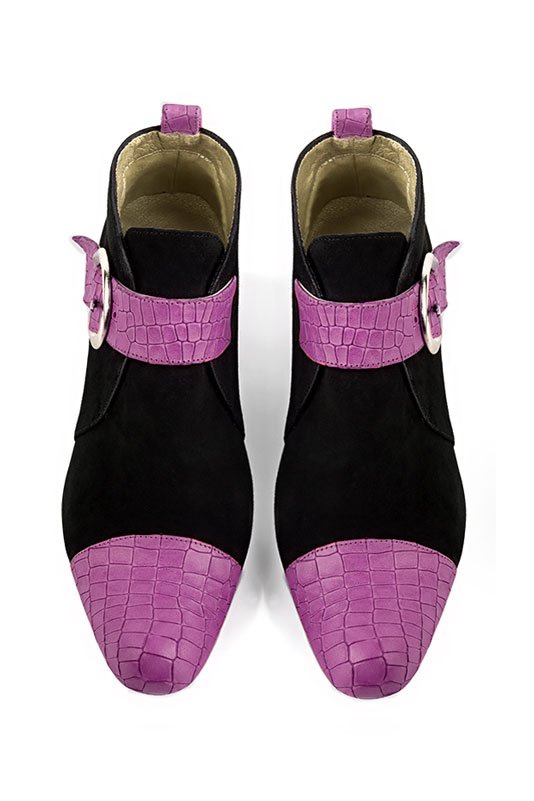 Mauve purple and matt black women's ankle boots with buckles at the front. Round toe. Low flare heels. Top view - Florence KOOIJMAN